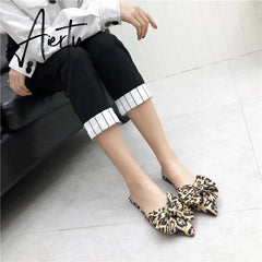 Aiertu Women Slippers Pointed Toe Leopard Bow Mules Shoes Slip On Fashion Outside Shallow Beach Shoes Slides Flats Heeled Size 35-40 Aiertu