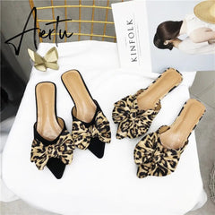 Aiertu Women Slippers Pointed Toe Leopard Bow Mules Shoes Slip On Fashion Outside Shallow Beach Shoes Slides Flats Heeled Size 35-40 Aiertu