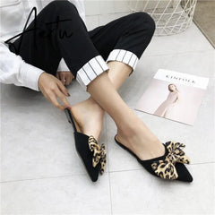 Aiertu Women Slippers Pointed Toe Leopard Bow Mules Shoes Slip On Fashion Outside Shallow Beach Shoes Slides Flats Heeled Size 35-40 Aiertu