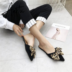 Aiertu Women Slippers Pointed Toe Leopard Bow Mules Shoes Slip On Fashion Outside Shallow Beach Shoes Slides Flats Heeled Size 35-40 Aiertu