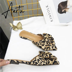 Aiertu Women Slippers Pointed Toe Leopard Bow Mules Shoes Slip On Fashion Outside Shallow Beach Shoes Slides Flats Heeled Size 35-40 Aiertu