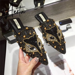 Aiertu Women Slippers Summer Mules Mesh Hollow Loafers Slip-on Designer Shoes Backless Flats Slide Low Heel Luxury Party Shoes Bling Aiertu