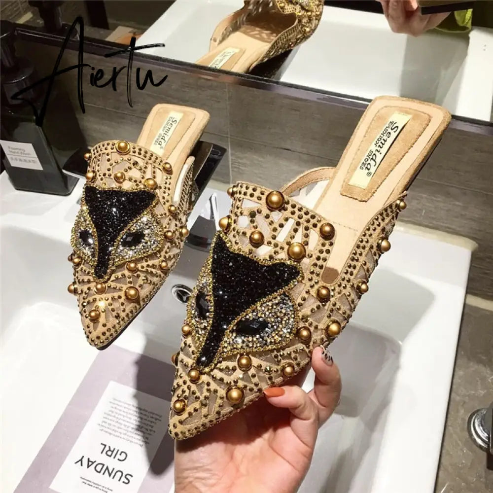Aiertu Women Slippers Summer Mules Mesh Hollow Loafers Slip-on Designer Shoes Backless Flats Slide Low Heel Luxury Party Shoes Bling Aiertu