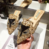 Aiertu Women Slippers Summer Mules Mesh Hollow Loafers Slip-on Designer Shoes Backless Flats Slide Low Heel Luxury Party Shoes Bling Aiertu