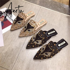 Aiertu Women Slippers Summer Mules Mesh Hollow Loafers Slip-on Designer Shoes Backless Flats Slide Low Heel Luxury Party Shoes Bling Aiertu