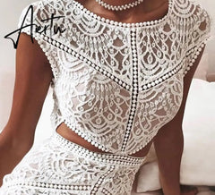Aiertu Women Solid Crochet Lace Mesh Mini Dress Elegant Fashion Chic Dress Bodycon Dress Aiertu