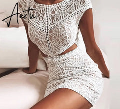 Aiertu Women Solid Crochet Lace Mesh Mini Dress Elegant Fashion Chic Dress Bodycon Dress Aiertu