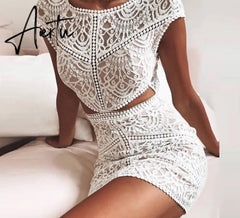Aiertu Women Solid Crochet Lace Mesh Mini Dress Elegant Fashion Chic Dress Bodycon Dress Aiertu