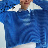 Aiertu Women Solid Knitted Thickening Oversized Sweater Female Round Neck Long Sleeve Casual Loose Pullovers Top Autumn Winter Aiertu