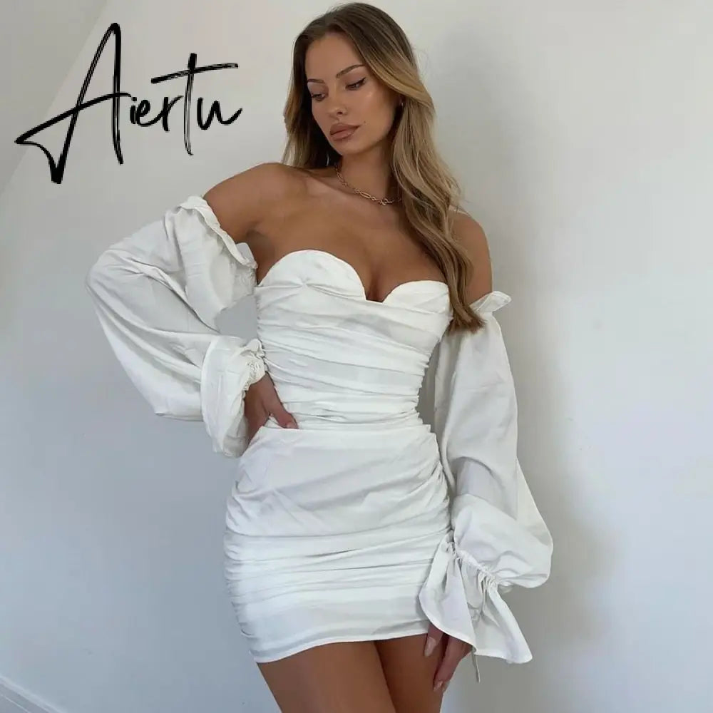 Aiertu Women Solid Long Loose Flare Sleeve With Drawstring Ruched Mini Dress spring Autumn Streetwear Outfit Fashion Y2K Aiertu