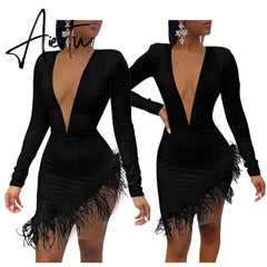 Aiertu Women Solid Long Sleeve Feather Mesh Stitching Slim Sexy V-Neck Dress Fall Winter Elegant Party Streetwear Aiertu