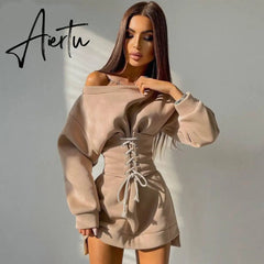 Aiertu Women Solid Long Sleeve Off Shoulder Bandage Mini Dress With Corset Set Autumn Streetwear Outfit Fashion Elegant Aiertu