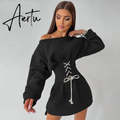 Aiertu Women Solid Long Sleeve Off Shoulder Bandage Mini Dress With Corset Set Autumn Streetwear Outfit Fashion Elegant Aiertu