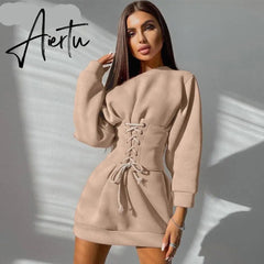 Aiertu Women Solid Long Sleeve Off Shoulder Bandage Mini Dress With Corset Set Autumn Streetwear Outfit Fashion Elegant Aiertu