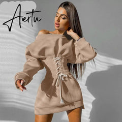Aiertu Women Solid Long Sleeve Off Shoulder Bandage Mini Dress With Corset Set Autumn Streetwear Outfit Fashion Elegant Aiertu