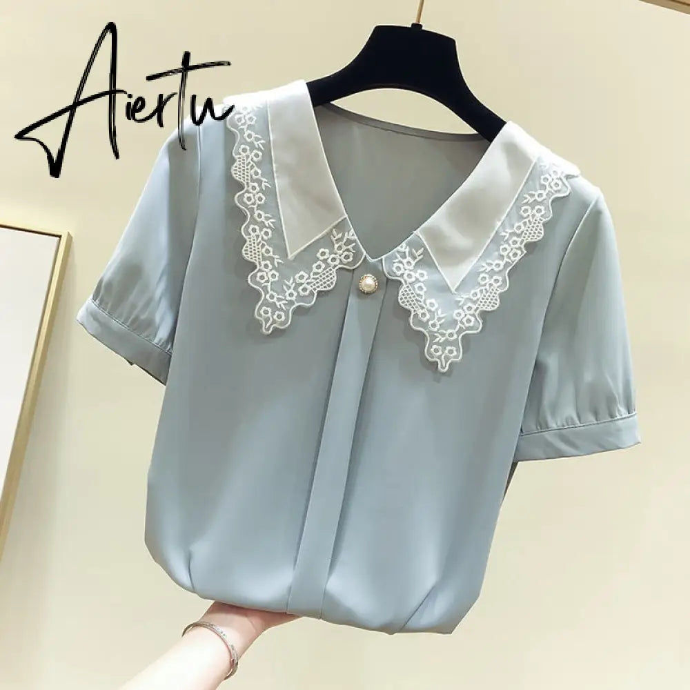 Aiertu Women Spring Summer Style Chiffon Blouses Shirts Lady Casual Short Sleeve Peter Pan Collar Chiffon Blusas Tops Aiertu