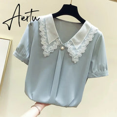 Aiertu Women Spring Summer Style Chiffon Blouses Shirts Lady Casual Short Sleeve Peter Pan Collar Chiffon Blusas Tops Aiertu