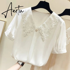 Aiertu Women Spring Summer Style Chiffon Blouses Shirts Lady Casual Short Sleeve Peter Pan Collar Chiffon Blusas Tops Aiertu