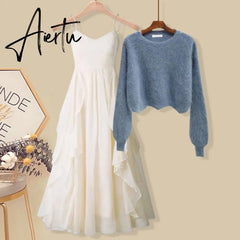 Aiertu Women Spring Two Pieces Sets Korean Long Sleeve Pullover Knitted Sweater And Ruffles Patchwork Mesh Long Dress Suit Aiertu