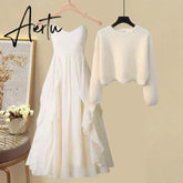 Aiertu Women Spring Two Pieces Sets Korean Long Sleeve Pullover Knitted Sweater And Ruffles Patchwork Mesh Long Dress Suit Aiertu