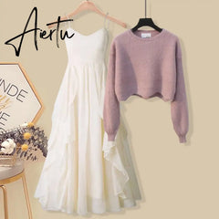 Aiertu Women Spring Two Pieces Sets Korean Long Sleeve Pullover Knitted Sweater And Ruffles Patchwork Mesh Long Dress Suit Aiertu