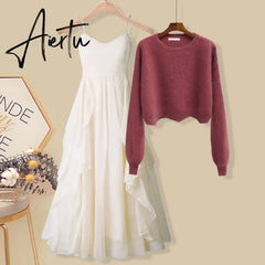 Aiertu Women Spring Two Pieces Sets Korean Long Sleeve Pullover Knitted Sweater And Ruffles Patchwork Mesh Long Dress Suit Aiertu