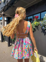 Aiertu Women Summer Dress Flower Sleeveless Deep V Neck Backless Pleated Dress Bohemian Party Beach Sexy Elegant Dresses Female Aiertu