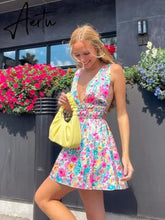 Aiertu Women Summer Dress Flower Sleeveless Deep V Neck Backless Pleated Dress Bohemian Party Beach Sexy Elegant Dresses Female Aiertu