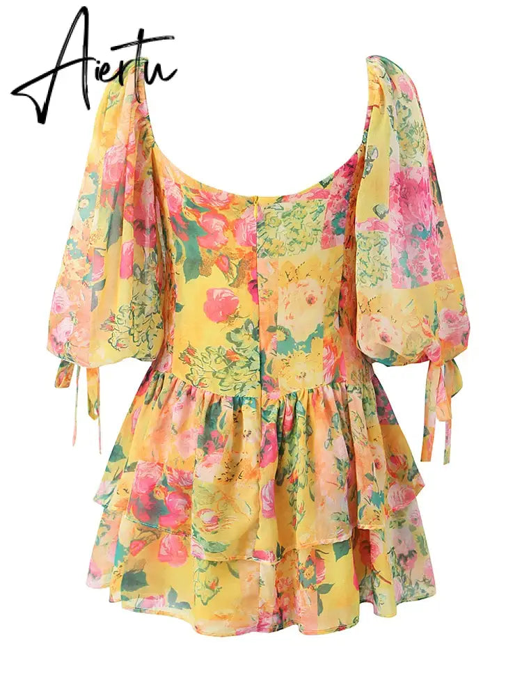 Aiertu Women Summer Fashion Sweet Floral Print Puff Sleeve Mini Dress Cute Square Collar Sexy Backless Dresses Aiertu