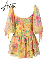 Aiertu Women Summer Fashion Sweet Floral Print Puff Sleeve Mini Dress Cute Square Collar Sexy Backless Dresses Aiertu