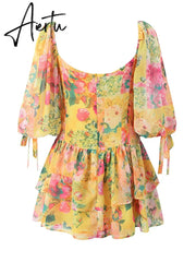 Aiertu Women Summer Fashion Sweet Floral Print Puff Sleeve Mini Dress Cute Square Collar Sexy Backless Dresses Aiertu