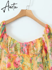 Aiertu Women Summer Fashion Sweet Floral Print Puff Sleeve Mini Dress Cute Square Collar Sexy Backless Dresses Aiertu