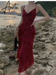 Aiertu Women Summer New Elegent Sleeveless Red Spaghetti Strap Dress Female Fashion Party One Piece Vestidos Backless Clothes Aiertu