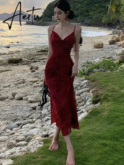 Aiertu Women Summer New Elegent Sleeveless Red Spaghetti Strap Dress Female Fashion Party One Piece Vestidos Backless Clothes Aiertu