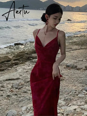 Aiertu Women Summer New Elegent Sleeveless Red Spaghetti Strap Dress Female Fashion Party One Piece Vestidos Backless Clothes Aiertu