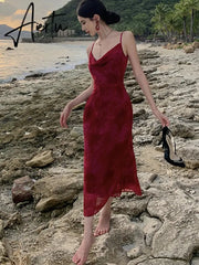 Aiertu Women Summer New Elegent Sleeveless Red Spaghetti Strap Dress Female Fashion Party One Piece Vestidos Backless Clothes Aiertu