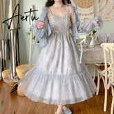 Aiertu Women Summer Sequins Floral Midi Lace Camisole Dress Vintage Franch Female Strapless Party Dress Casual Holiday Ladies Aiertu
