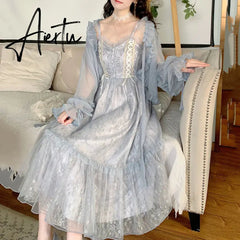 Aiertu Women Summer Sequins Floral Midi Lace Camisole Dress Vintage Franch Female Strapless Party Dress Casual Holiday Ladies Aiertu