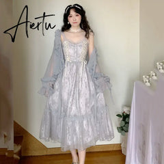 Aiertu Women Summer Sequins Floral Midi Lace Camisole Dress Vintage Franch Female Strapless Party Dress Casual Holiday Ladies Aiertu