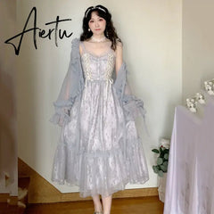 Aiertu Women Summer Sequins Floral Midi Lace Camisole Dress Vintage Franch Female Strapless Party Dress Casual Holiday Ladies Aiertu