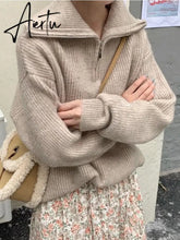 Aiertu Women Sweater Oversize Zipper Knitted Pullover Long Sleeve Solid Color Loose Ladies Sweaters Autumn Winter Women's Turtleneck Aiertu