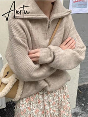 Aiertu Women Sweater Oversize Zipper Knitted Pullover Long Sleeve Solid Color Loose Ladies Sweaters Autumn Winter Women's Turtleneck Aiertu