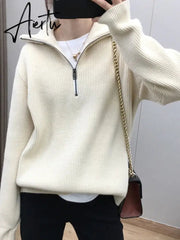 Aiertu Women Sweater Oversize Zipper Knitted Pullover Long Sleeve Solid Color Loose Ladies Sweaters Autumn Winter Women's Turtleneck Aiertu