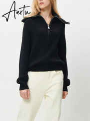 Aiertu Women Sweater Oversize Zipper Knitted Pullover Long Sleeve Solid Color Loose Ladies Sweaters Autumn Winter Women's Turtleneck Aiertu