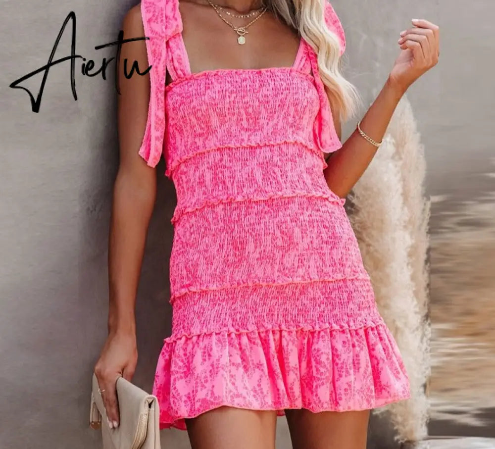 Aiertu Women Tiered Ruffle Ruched Cami Dress Casual Dress Elegant Fashion Chic Dress Aiertu