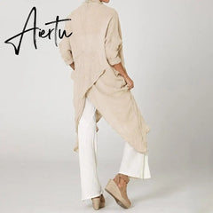 Aiertu Women Tops Vintage Solid Blouses Summer Fashion Long Shirts Casual Cowl Neck Long Sleeve Asymmetrical Party Blusas Aiertu
