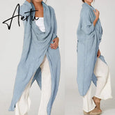 Aiertu Women Tops Vintage Solid Blouses Summer Fashion Long Shirts Casual Cowl Neck Long Sleeve Asymmetrical Party Blusas Aiertu