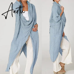 Aiertu Women Tops Vintage Solid Blouses Summer Fashion Long Shirts Casual Cowl Neck Long Sleeve Asymmetrical Party Blusas Aiertu