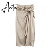 Aiertu Women Twist Knot Design Side Slit Satin Sarong Skirts Summer Female High Waist Loose Midi Clothes Aiertu