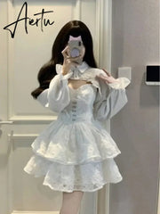 Aiertu Women Two Pieces Sets Crop Overshirt + Spaghetti Strap Lace Dress Y2k Aesthetic Streetwear Korean Style Chic Sexy Autumn Outfits Aiertu